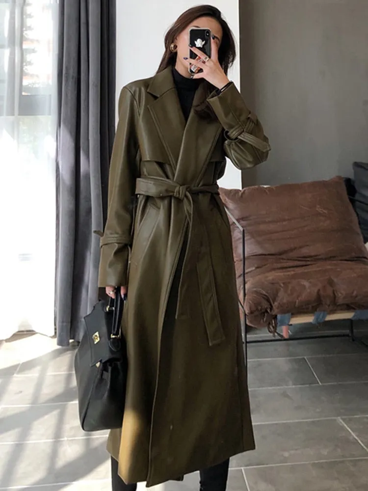 2023 Autumn long oversized leather trench coat for women 2023 long sleeve sashes Loose faux leather coats women fashion