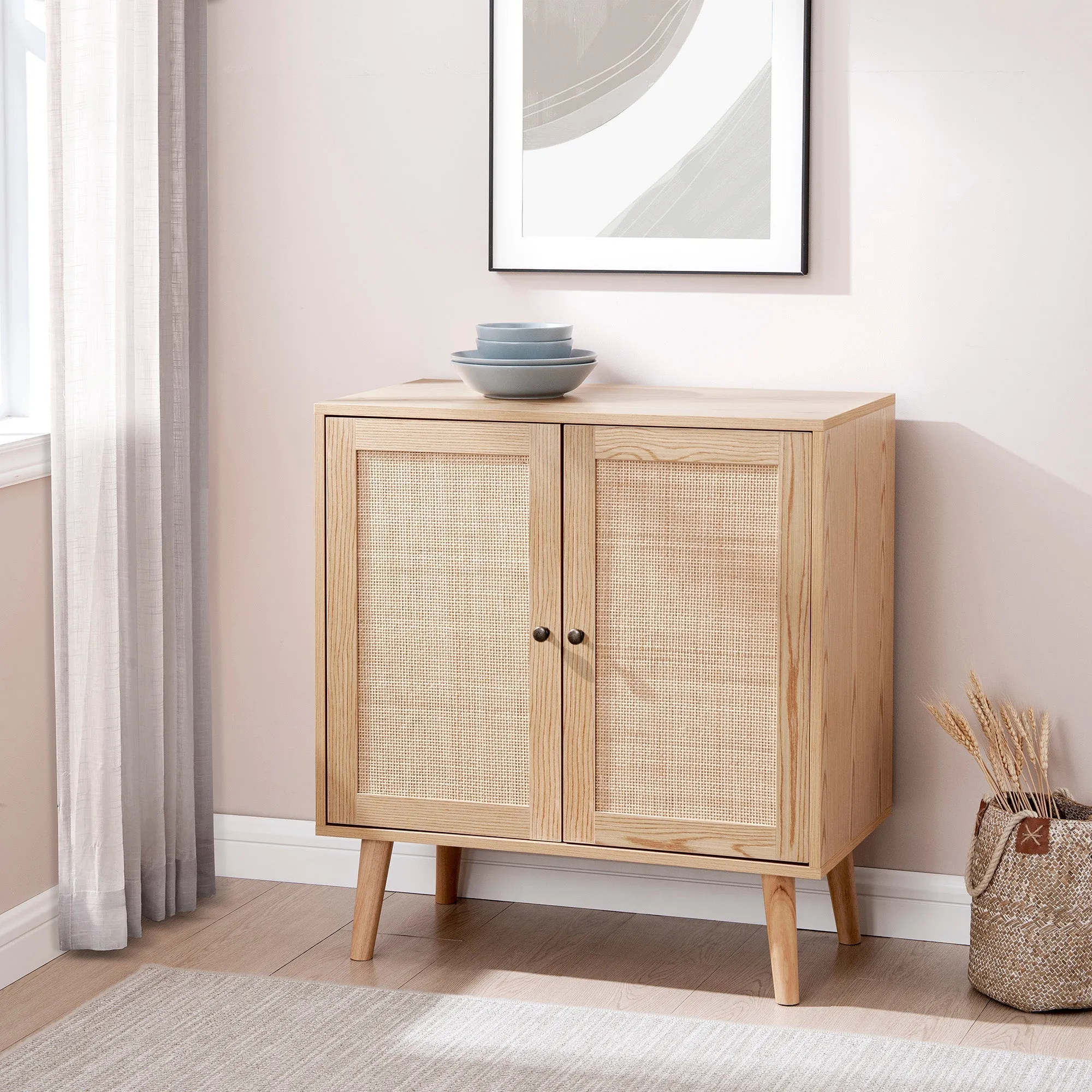 30" Wood and Rattan 2-Door Accent Cabinet