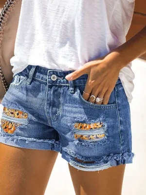 Blue Ripped Denim Shorts with Yellow Floral Patches