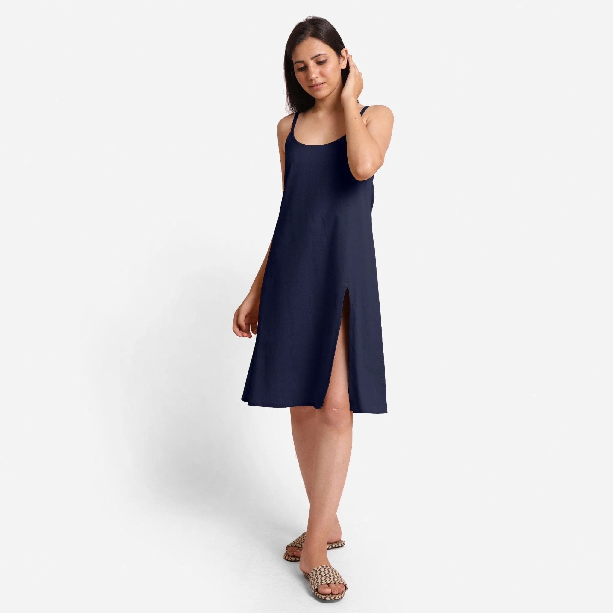 Blue Strappy Cotton Flax Knee Length Slit Dress