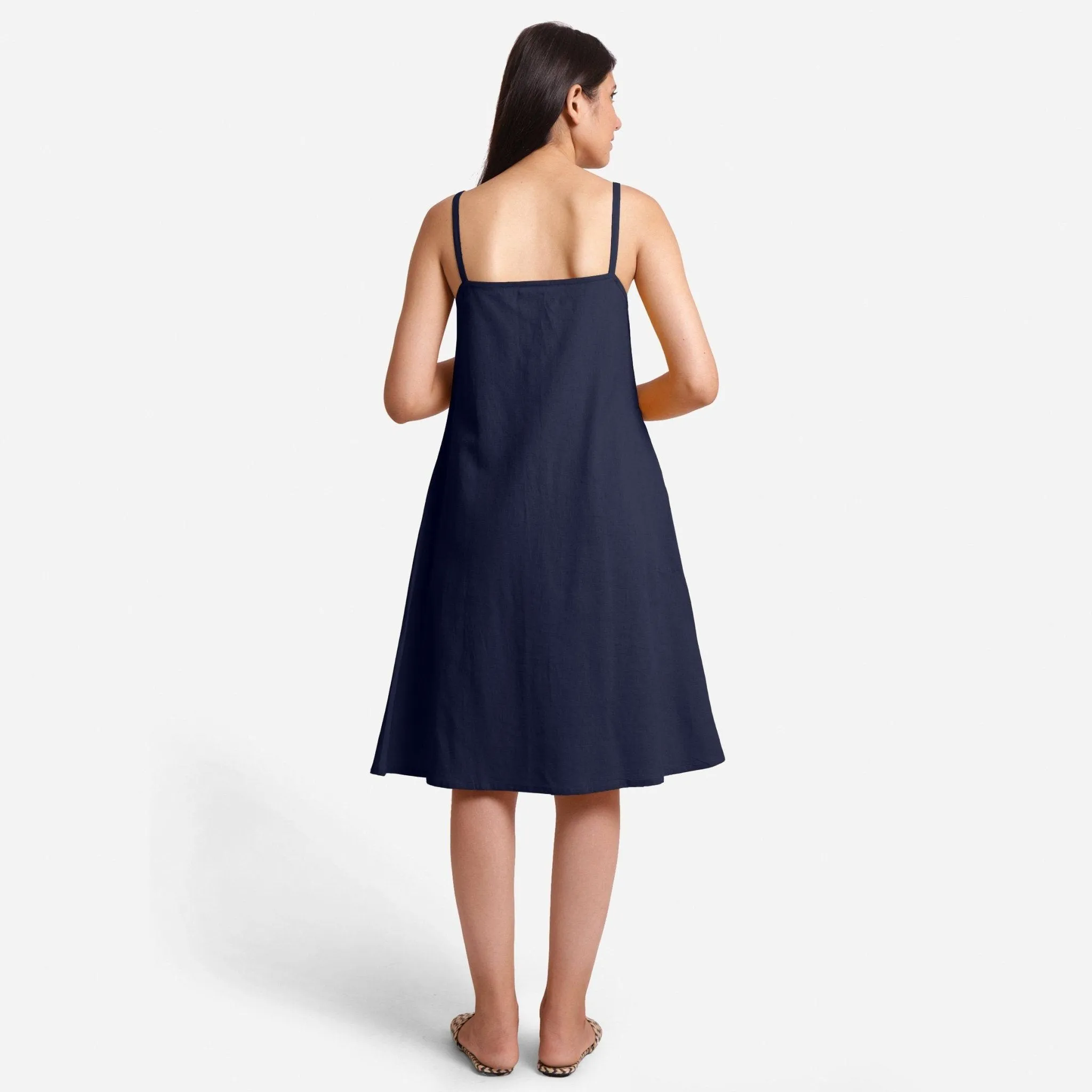 Blue Strappy Cotton Flax Knee Length Slit Dress