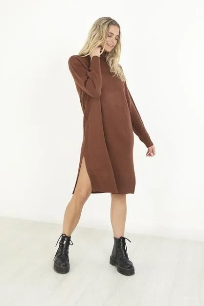 BROWN SIDE SPLIT DETAIL JERSEY KNIT JUMPER DRESS