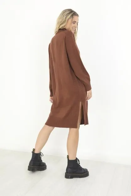 BROWN SIDE SPLIT DETAIL JERSEY KNIT JUMPER DRESS