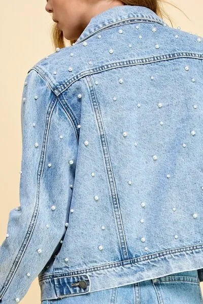 Button Up Pearl Detail Long Sleeve Denim Jacket