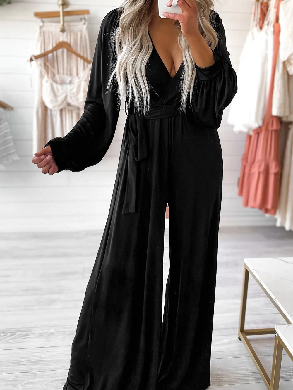 Casual Black Wide Leg Jumpsuit