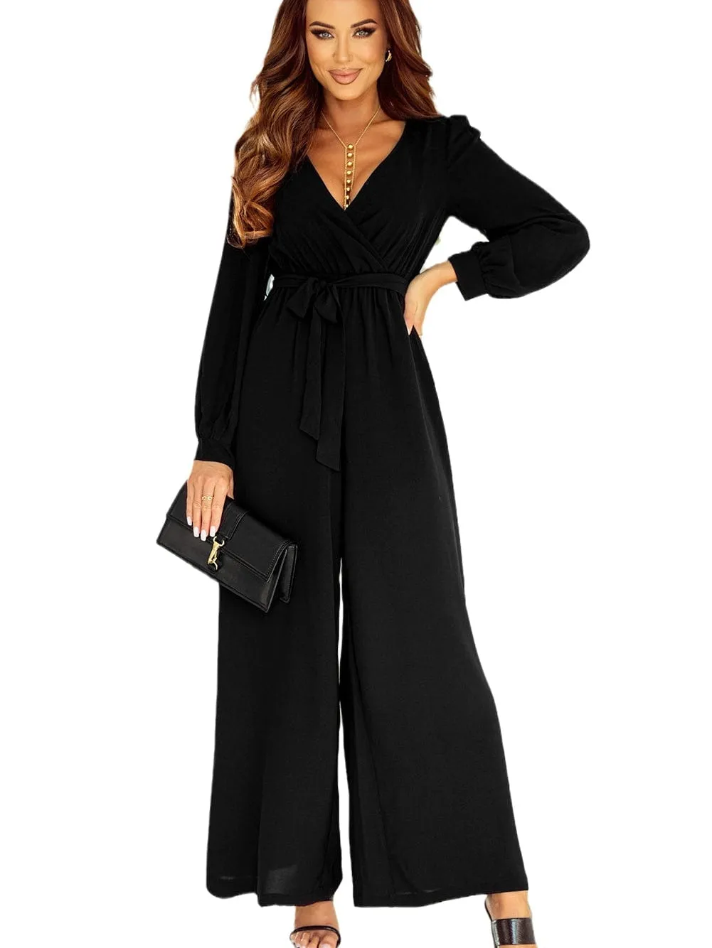 Casual Black Wide Leg Jumpsuit