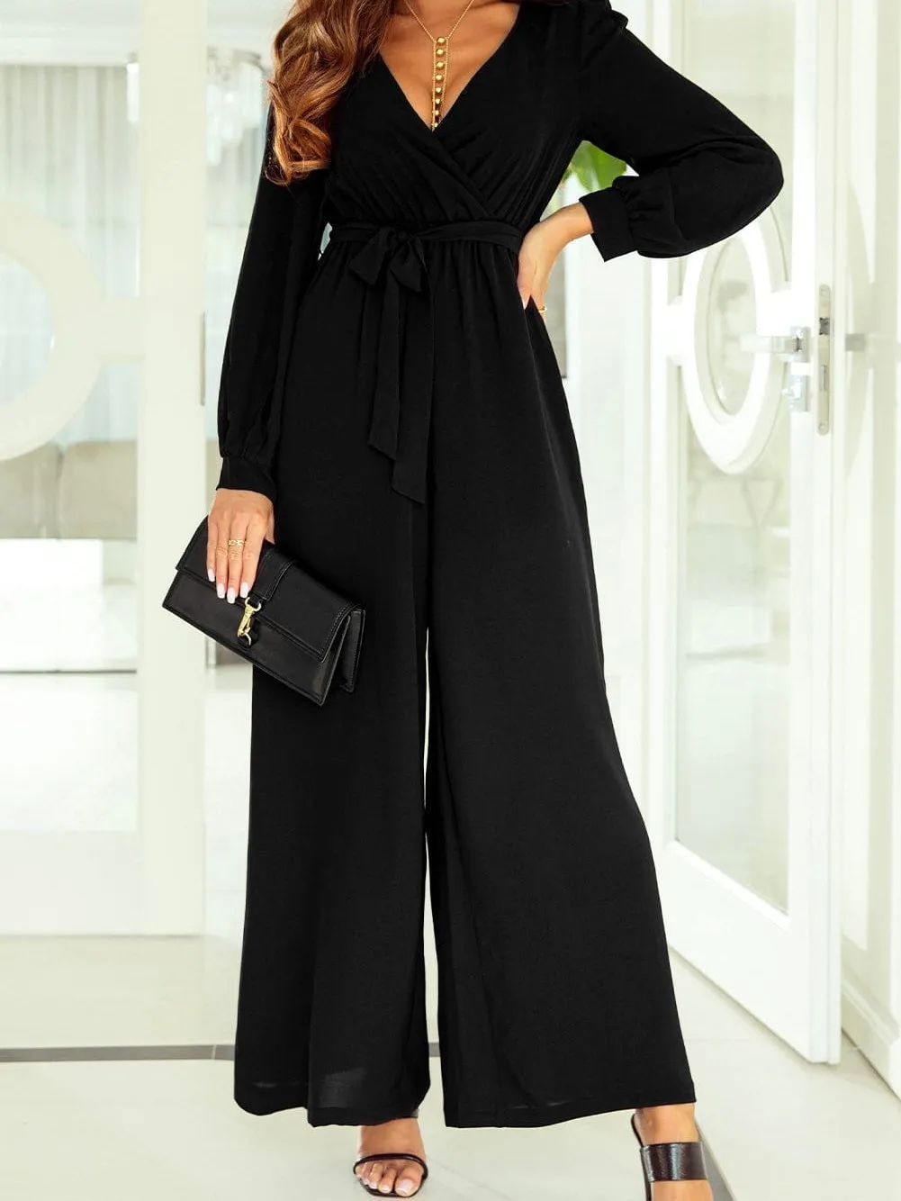 Casual Black Wide Leg Jumpsuit