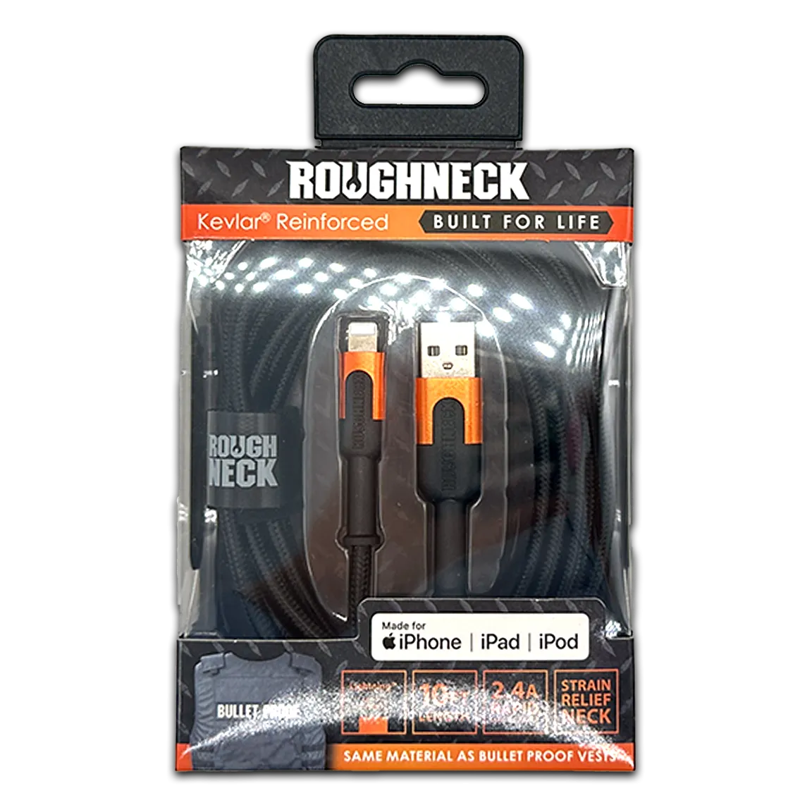 Charging Cable Roughneck Soft Cloth USB to Lightning 10FT 2.4 Amp - 6 Pieces Per Retail Ready Display 41594D