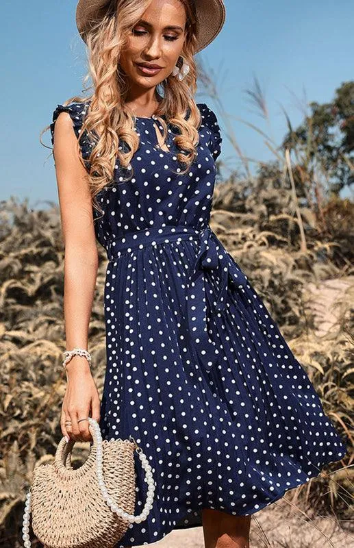 Chic Lace-Up Polka Dot Dress - Elegant Vintage Fashion Piece