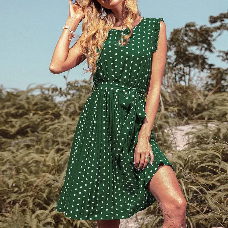 Chic Lace-Up Polka Dot Dress - Elegant Vintage Fashion Piece