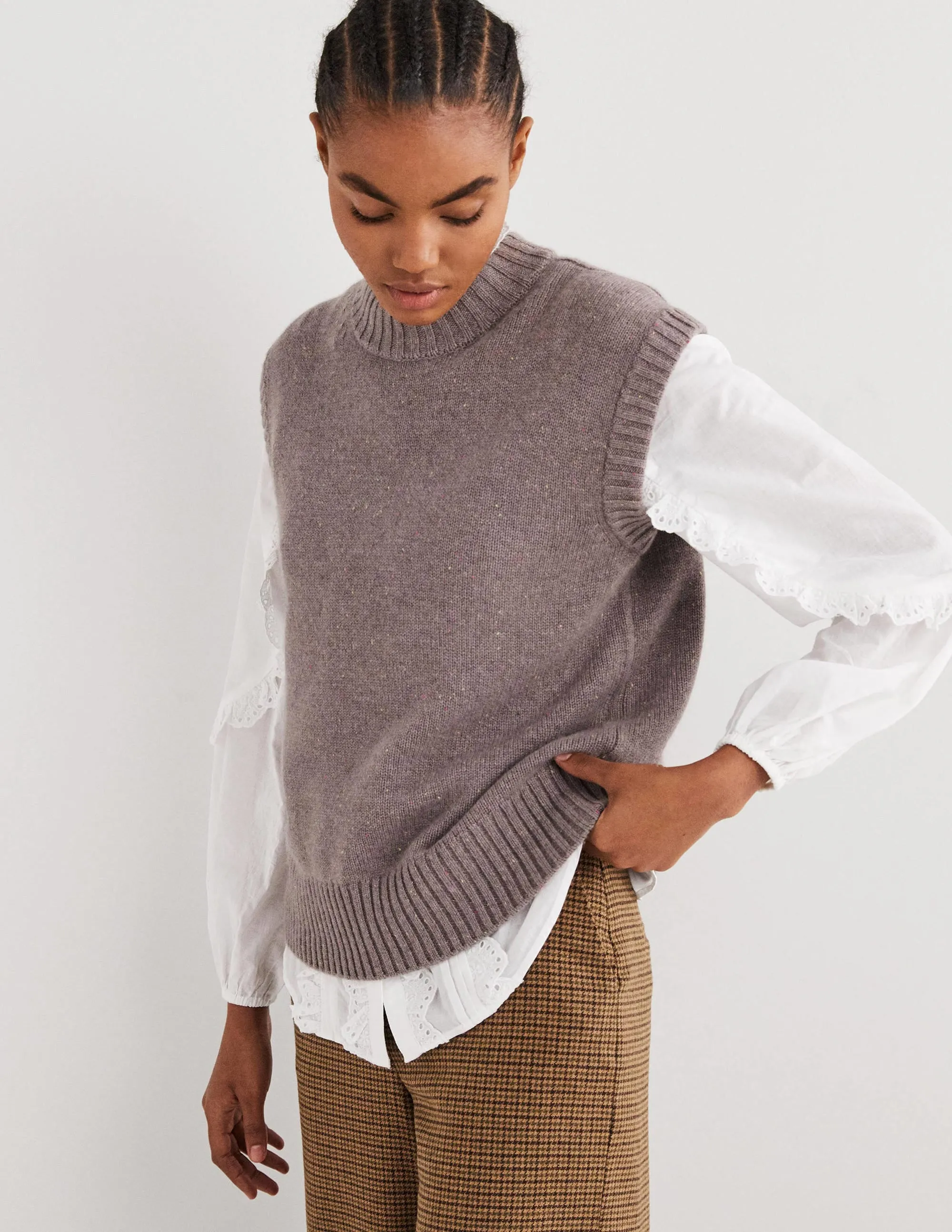 Chunky Cashmere Crew Neck Tank-Grey, Multi Nep