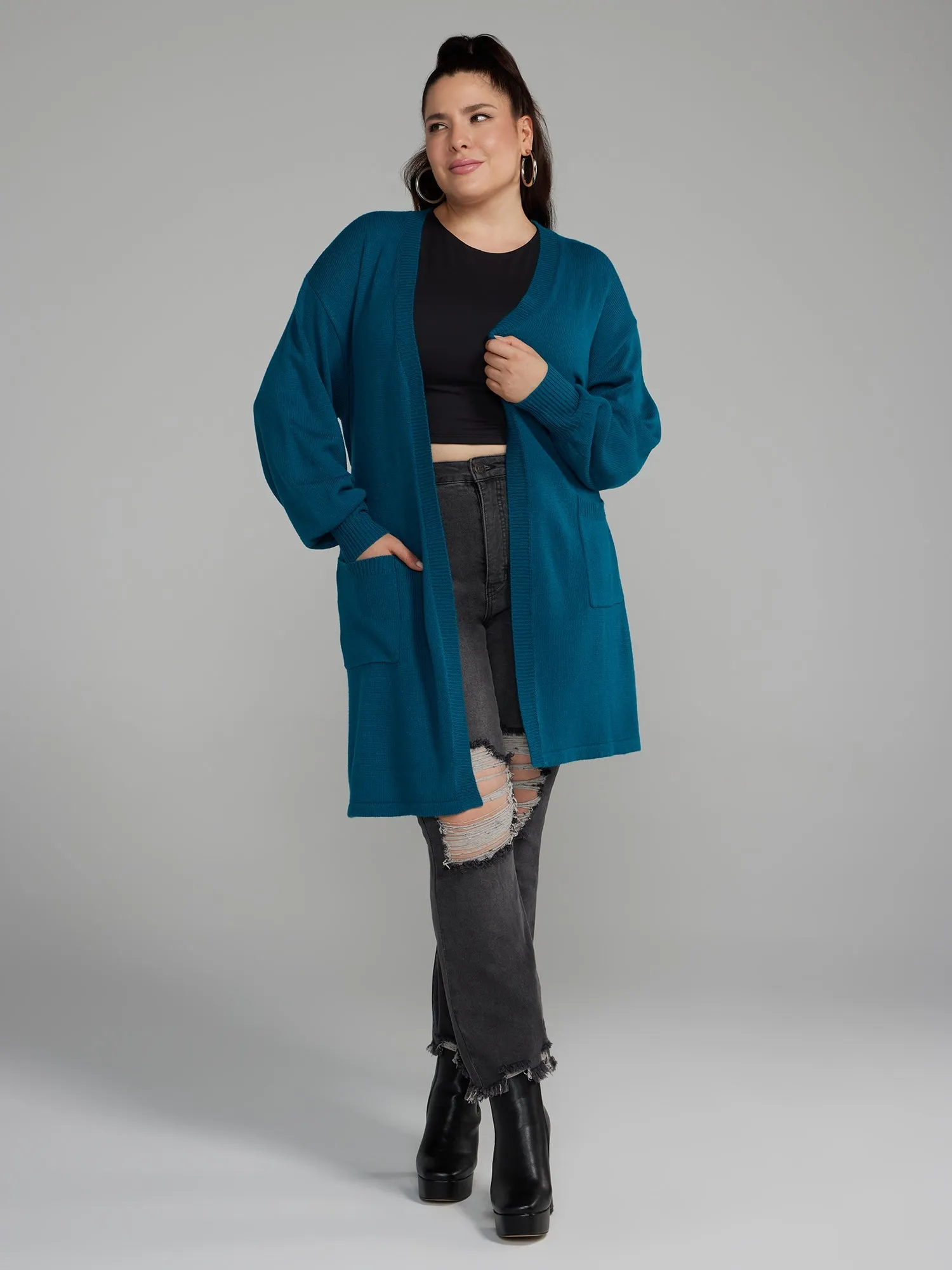 Fashion To Figure - Belted Long Cardigan with Lantern Sleeves