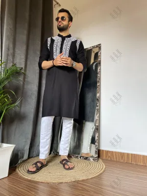 Hemant in HOK Men's Chikankari Kurta in Rayon Cotton - Black