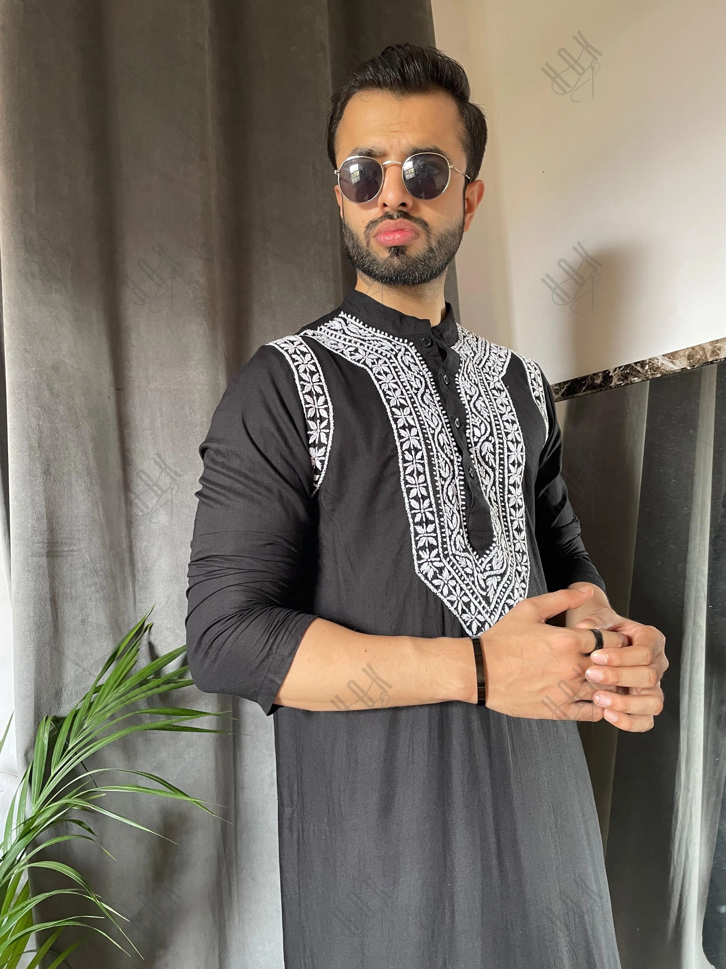 Hemant in HOK Men's Chikankari Kurta in Rayon Cotton - Black