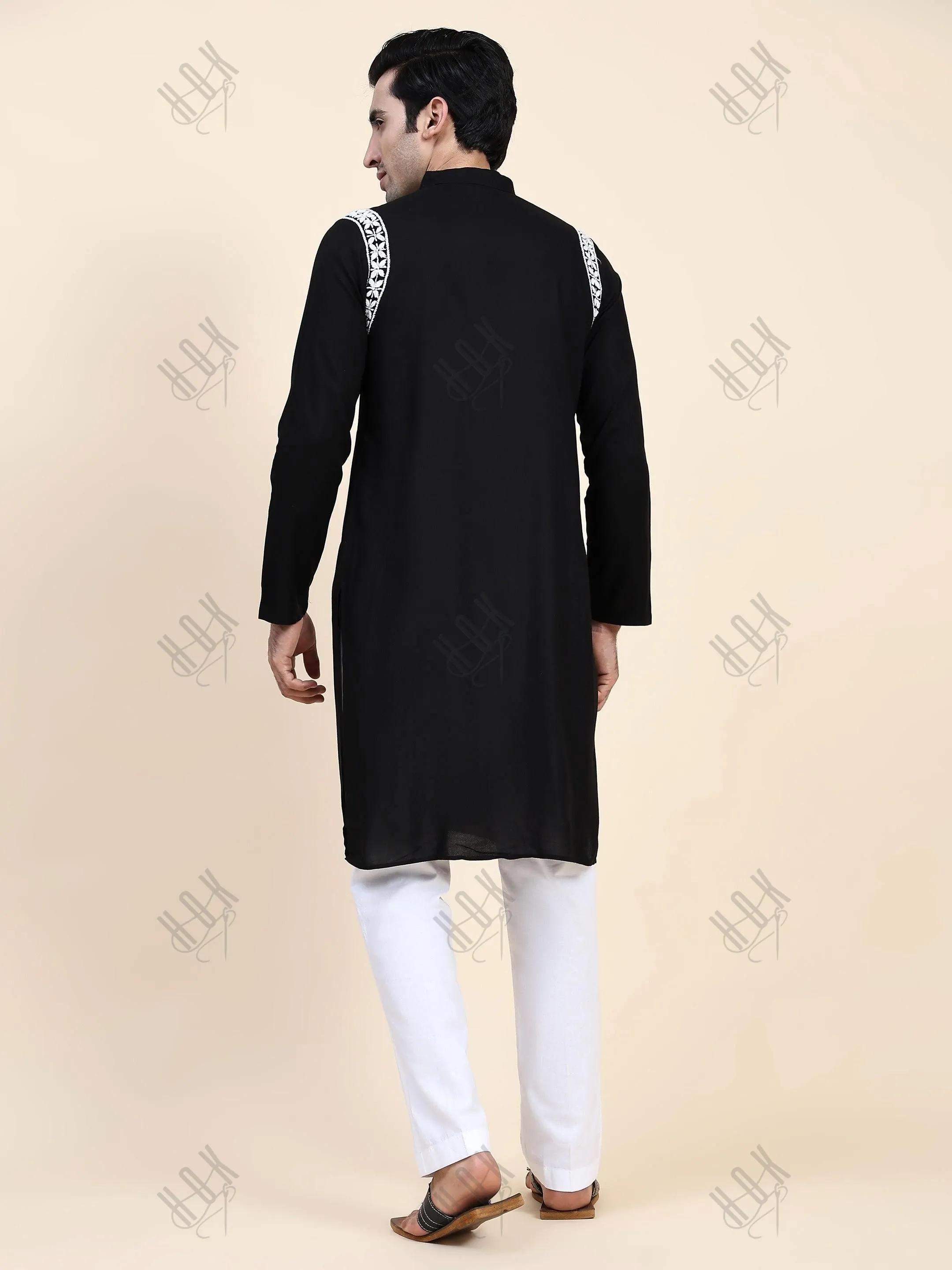 Hemant in HOK Men's Chikankari Kurta in Rayon Cotton - Black