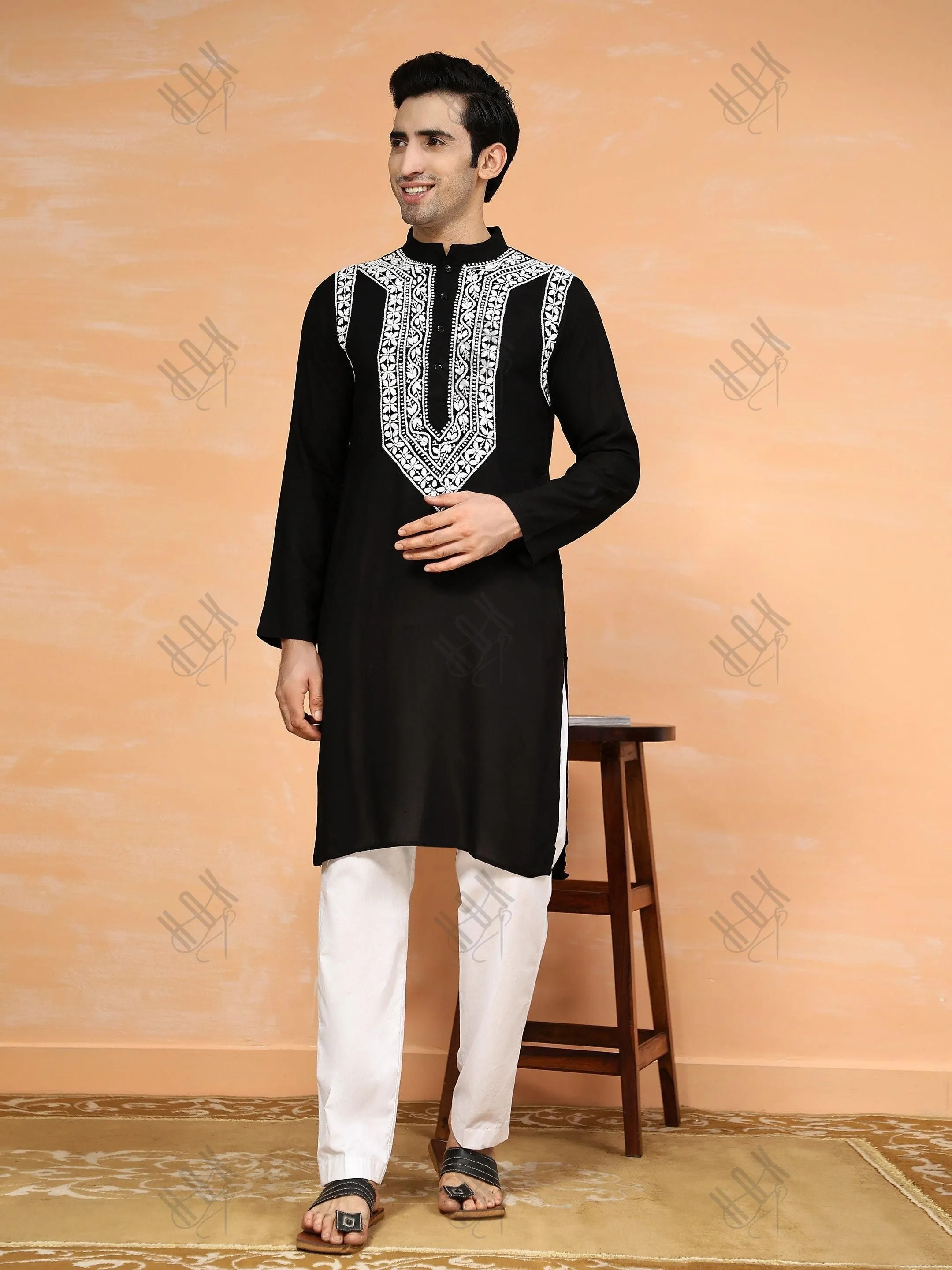 Hemant in HOK Men's Chikankari Kurta in Rayon Cotton - Black