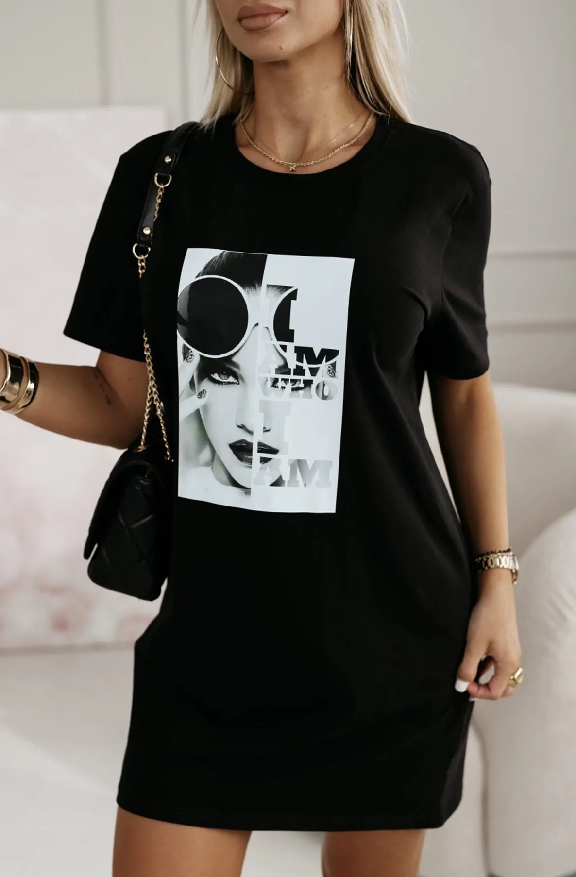 'I AM WHO I AM' Oversized Tunic T-Shirt Dress Top-Black