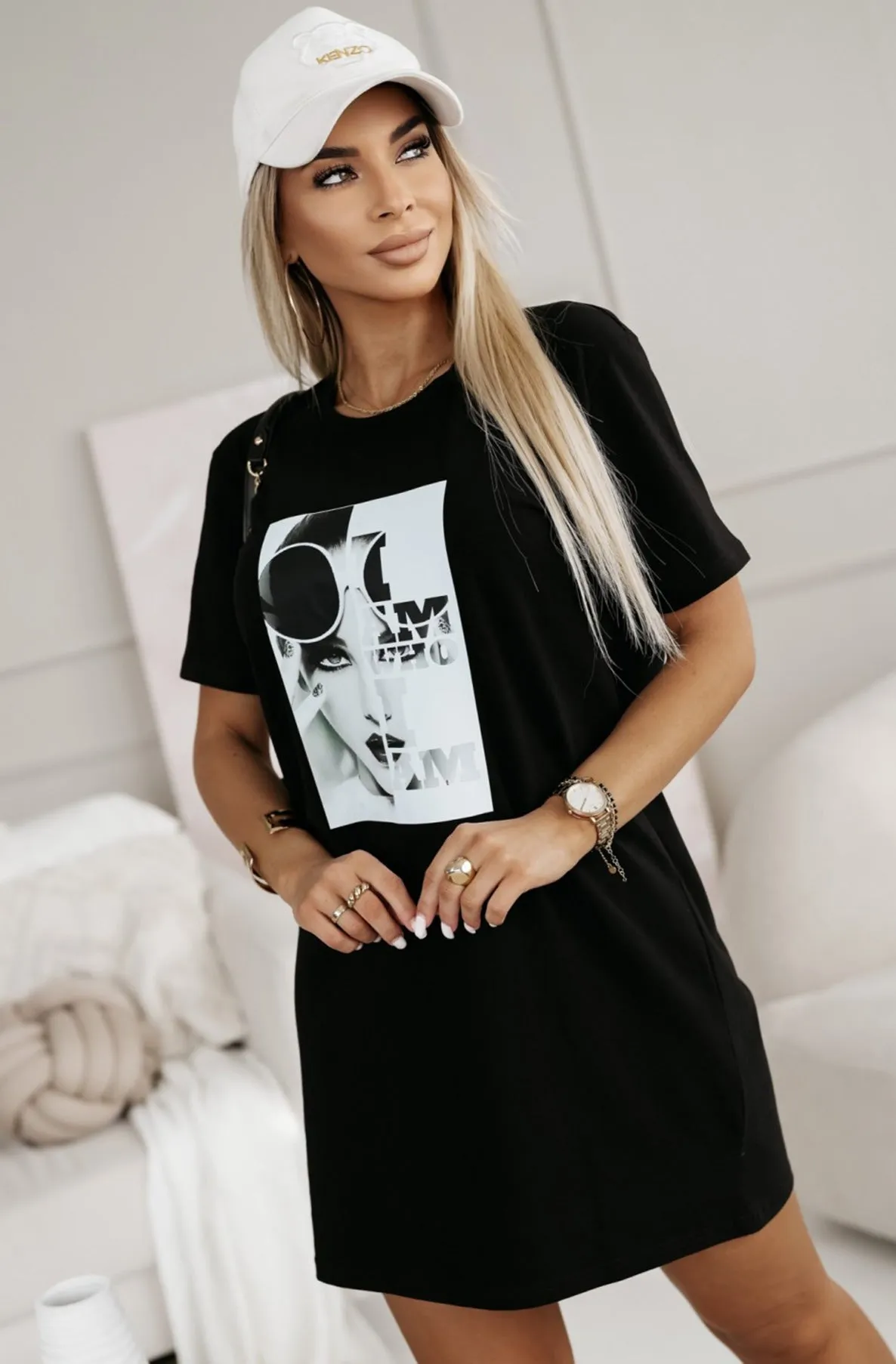 'I AM WHO I AM' Oversized Tunic T-Shirt Dress Top-Black