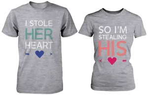 I Stole Her Heart, So I'm Stealing Heart Matching Couple Shirts in Grey (Set)