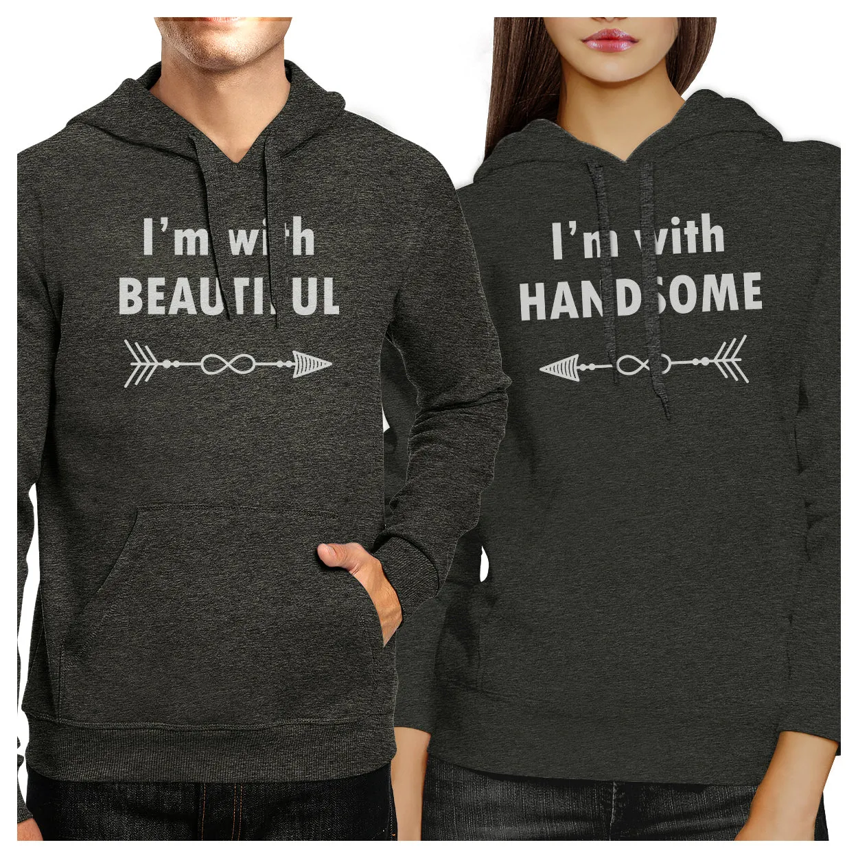 I'm With Beautiful And Handsome Matching Couple Dark Grey Hoodie