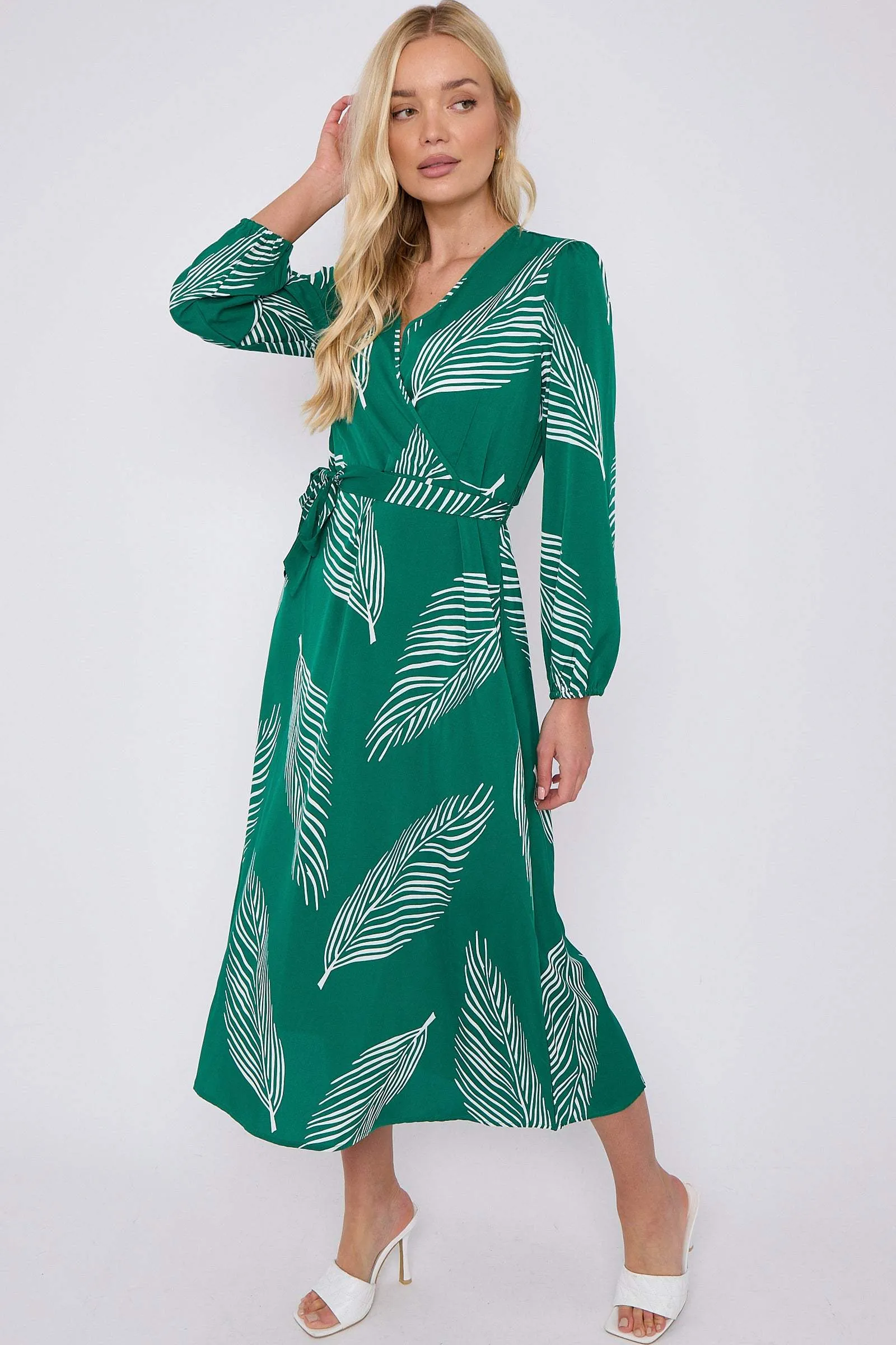 LOVE SUNSHINE Green Plam Leaf Printed V Neck Midi Dress