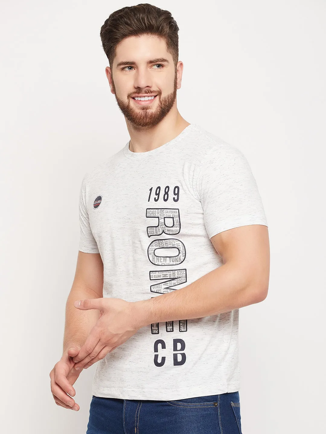 Men Ecru Melange Round Neck T-Shirt