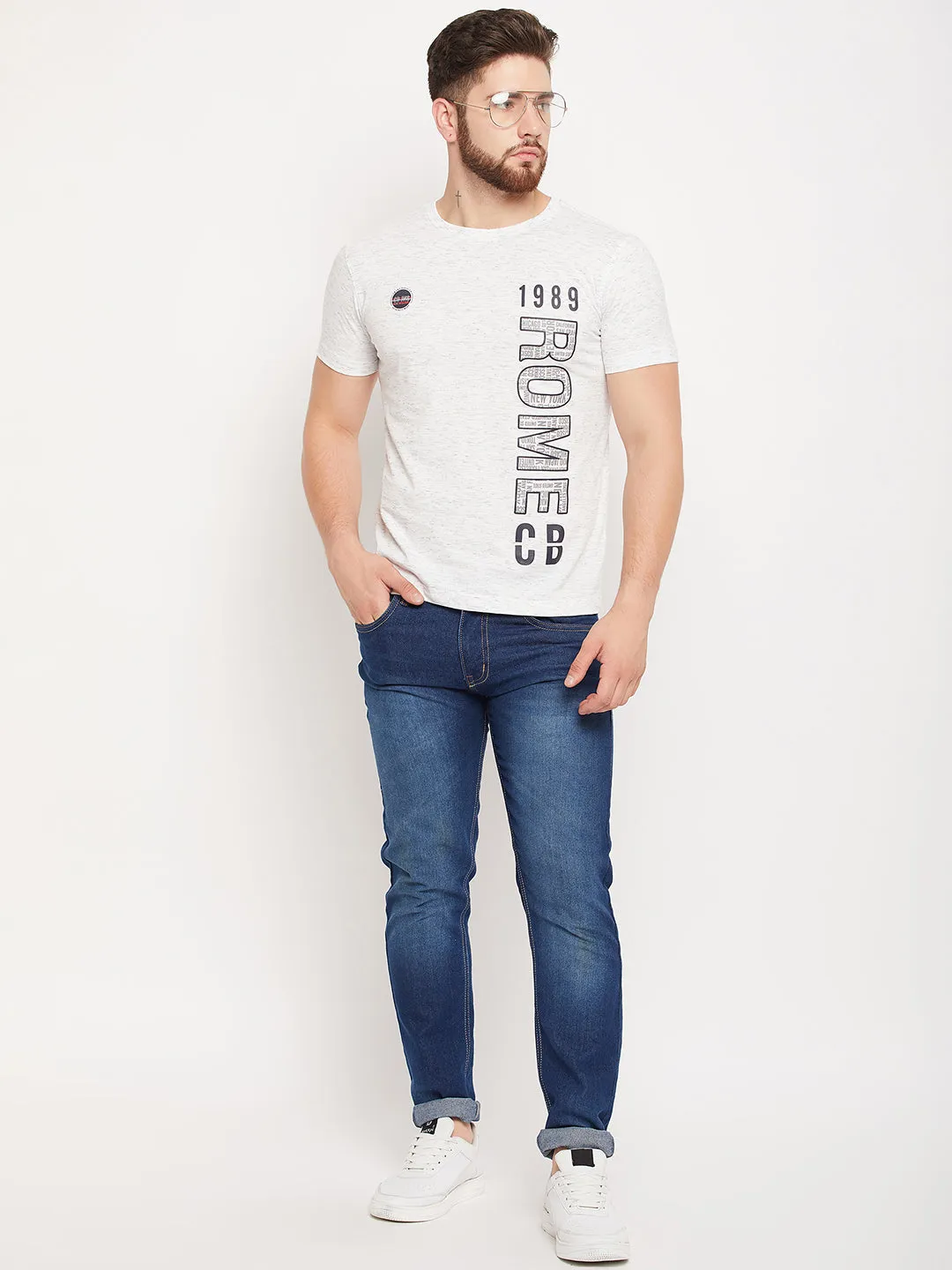 Men Ecru Melange Round Neck T-Shirt