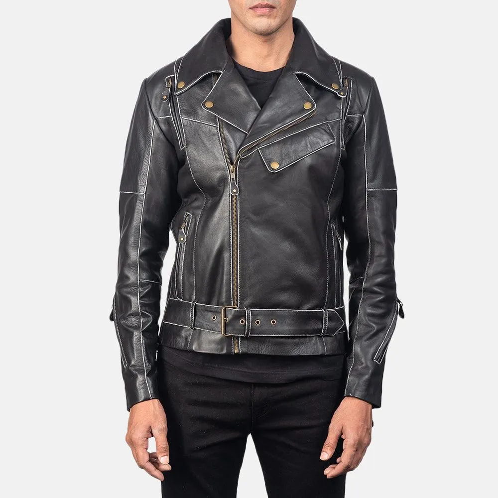 Mens Bright Black Biker Leather Jacket