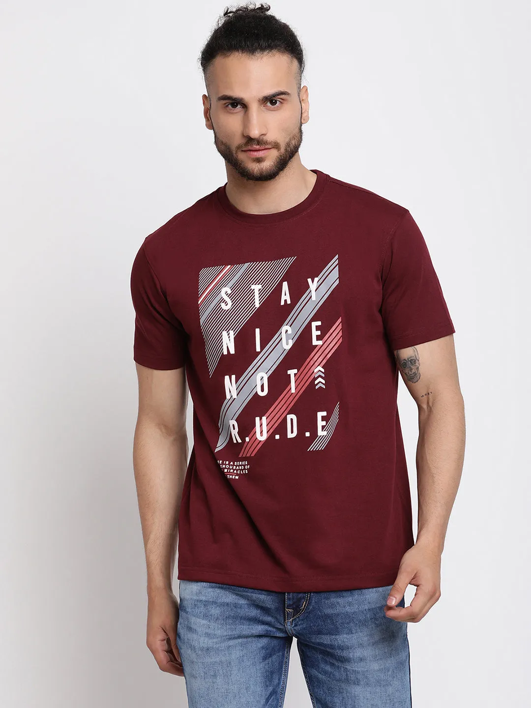 Men's Maroon  Round neck Half Sleeve T-Shirt with Print