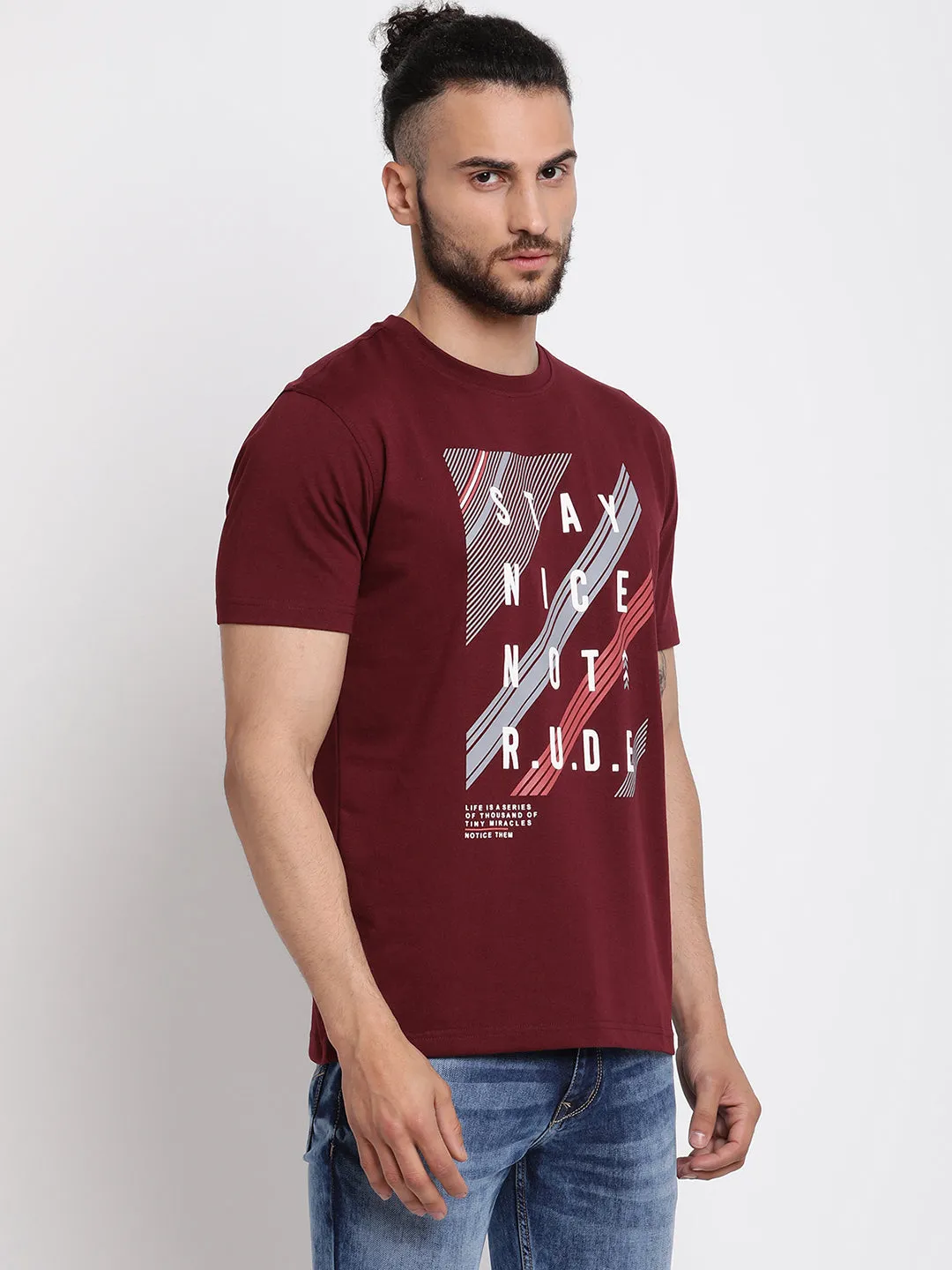 Men's Maroon  Round neck Half Sleeve T-Shirt with Print