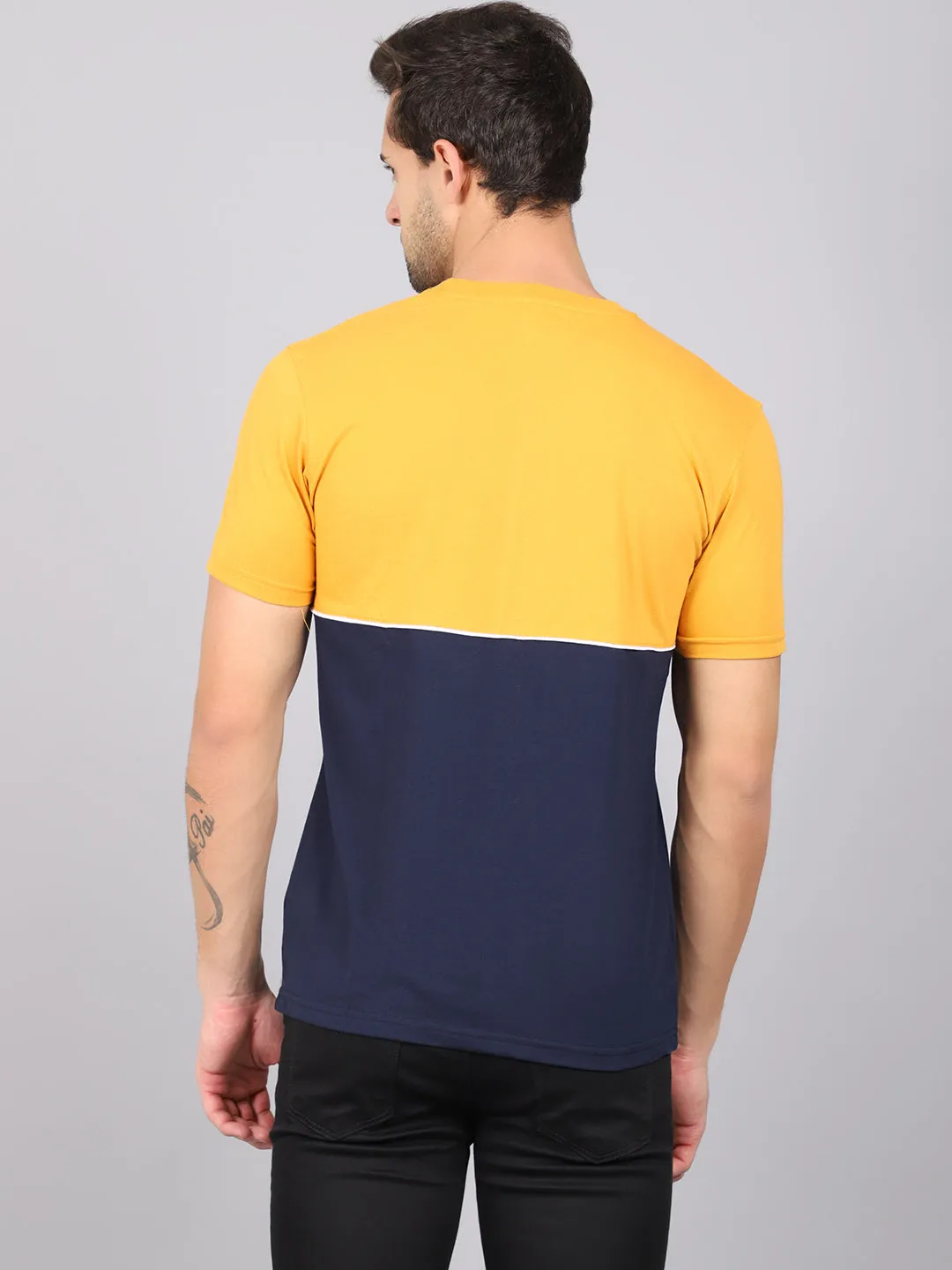 Men's Mustard Color block Round neck Half Sleeve T-Shirt with Print