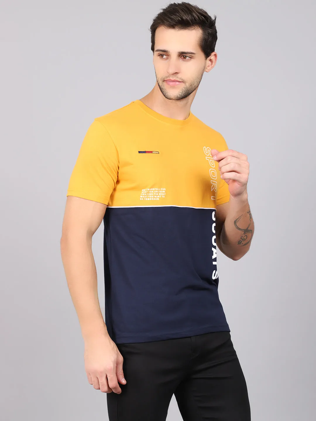 Men's Mustard Color block Round neck Half Sleeve T-Shirt with Print