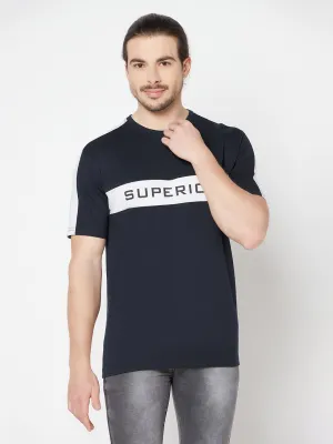 Men's Navy Blue Color block Round neck Half Sleeve T-Shirt with Print & contrast shoulder insert