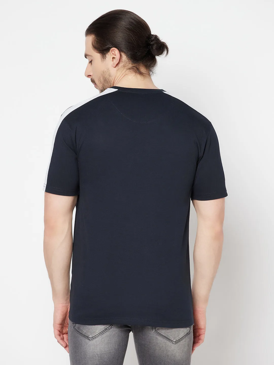 Men's Navy Blue Color block Round neck Half Sleeve T-Shirt with Print & contrast shoulder insert