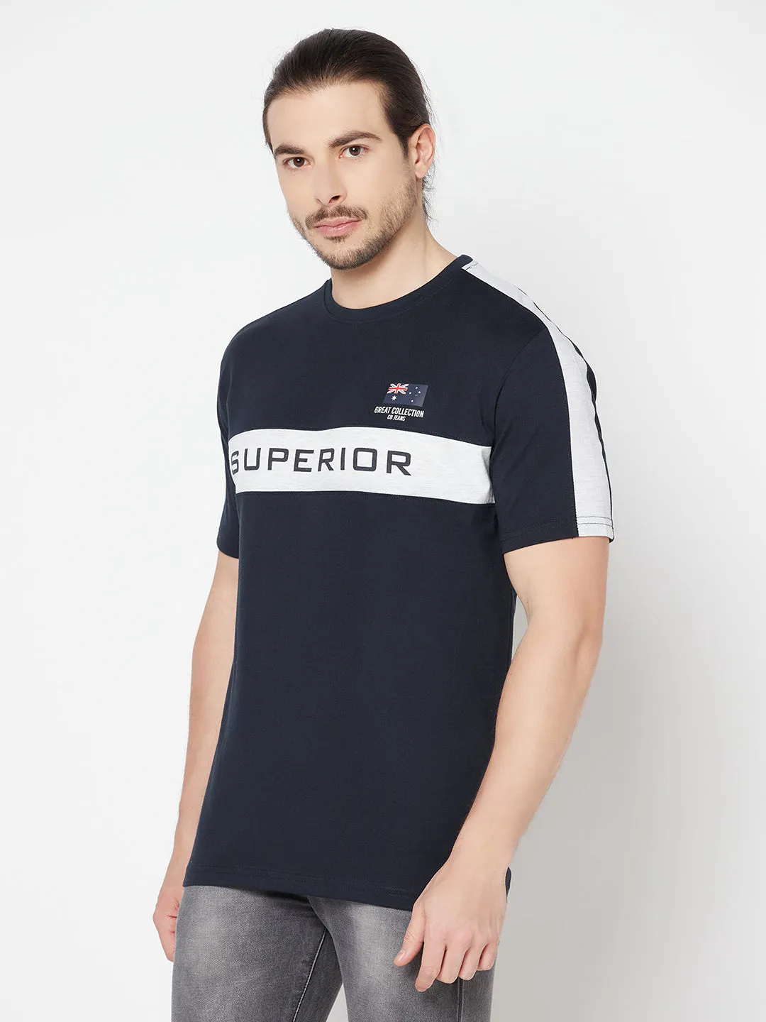 Men's Navy Blue Color block Round neck Half Sleeve T-Shirt with Print & contrast shoulder insert