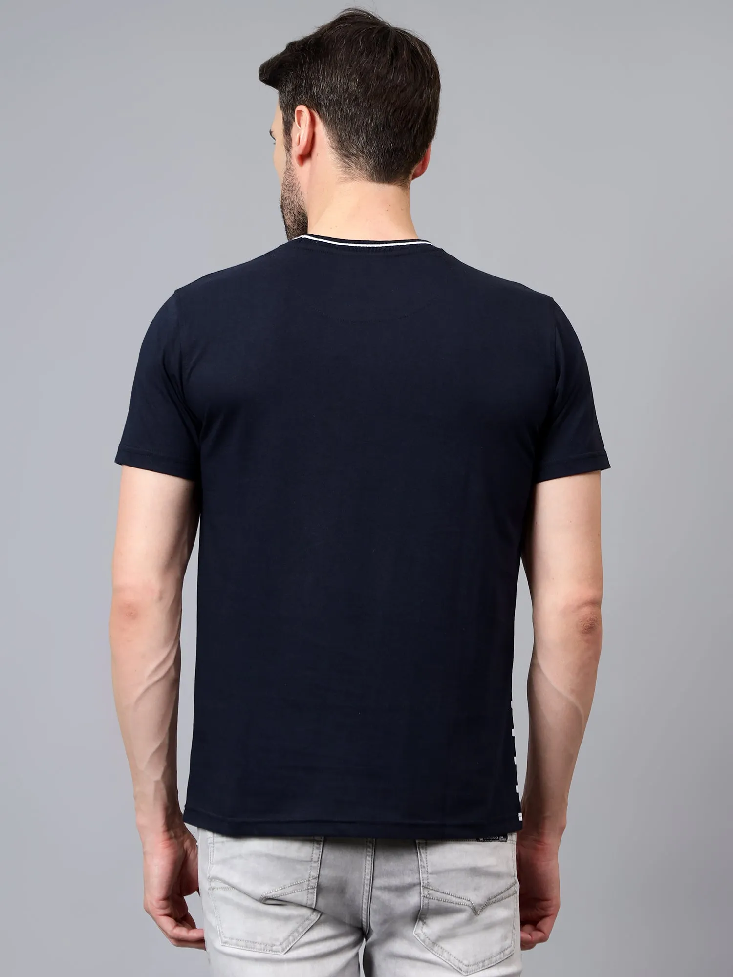 Men's Navy Blue Striped Round Neck Half Sleeve T-shirt