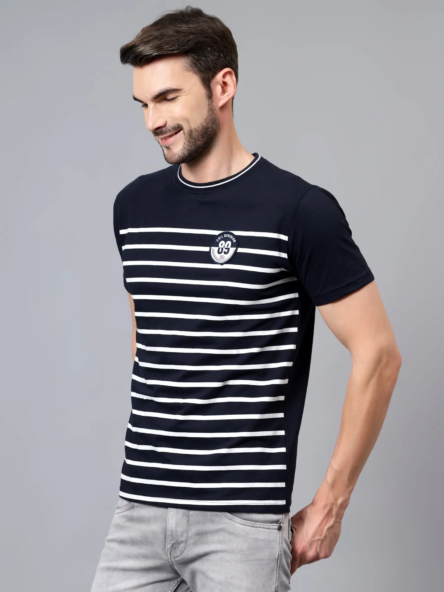 Men's Navy Blue Striped Round Neck Half Sleeve T-shirt