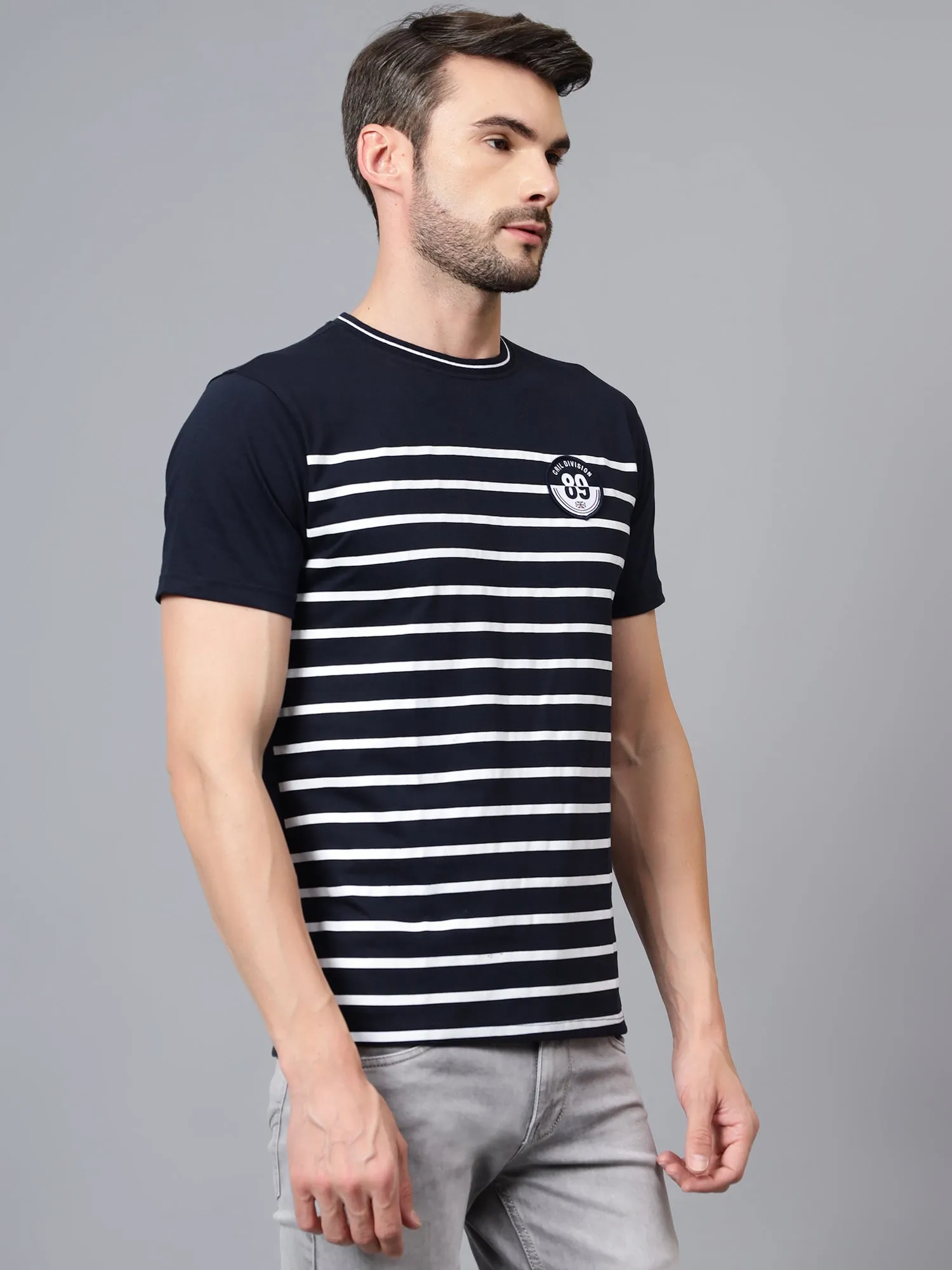 Men's Navy Blue Striped Round Neck Half Sleeve T-shirt