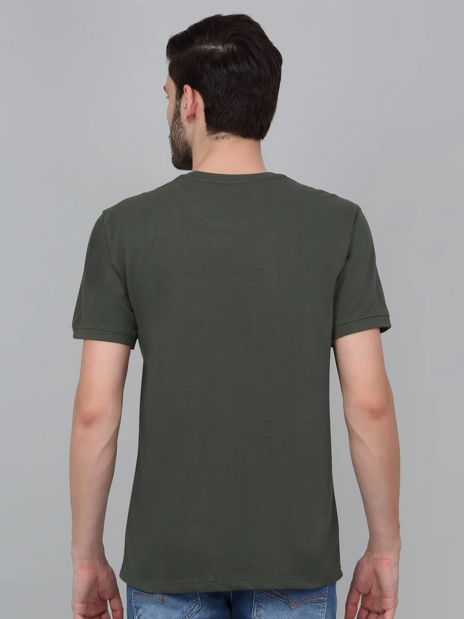 Men's Olive Green Self Design Round Neck T-shirt