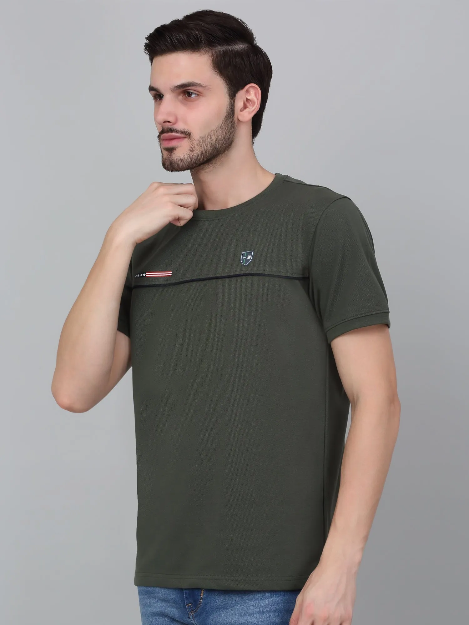 Men's Olive Green Self Design Round Neck T-shirt