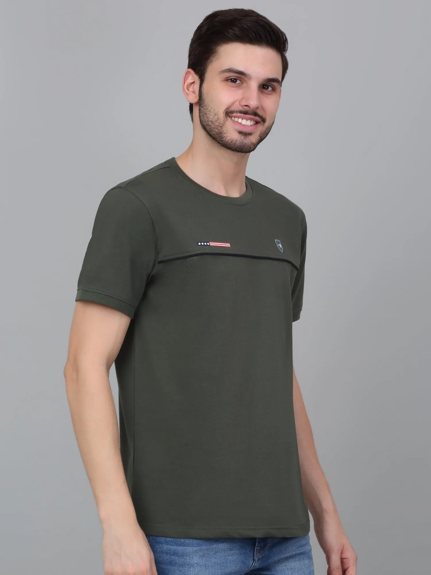 Men's Olive Green Self Design Round Neck T-shirt