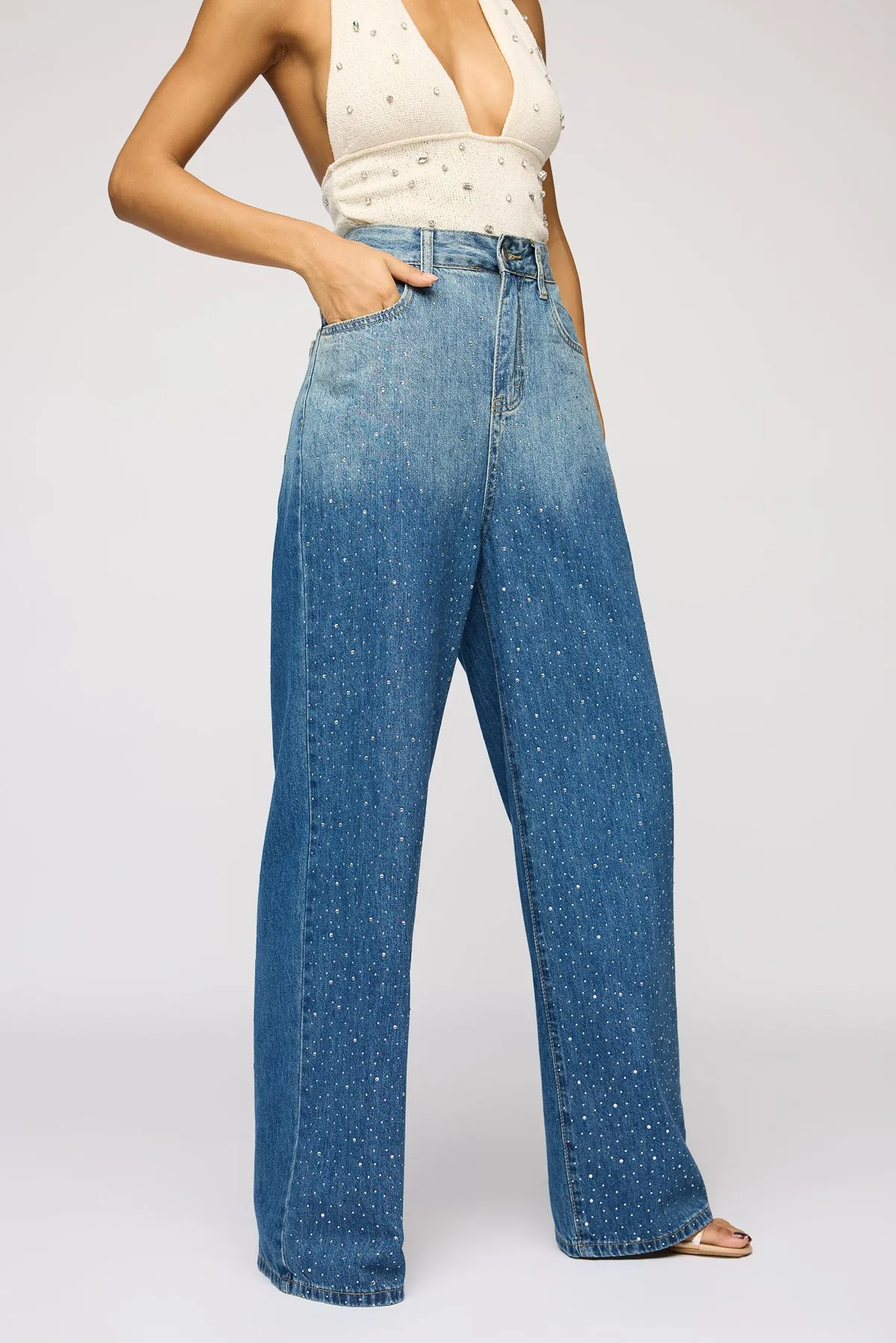 Obsidian Blue Embellished Denim Korean Pants