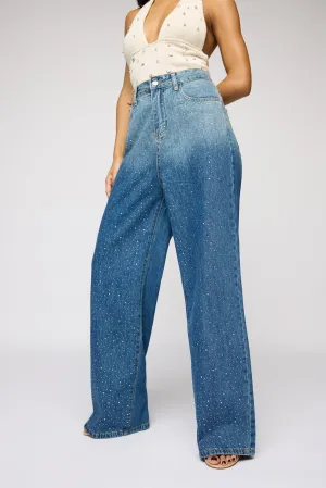 Obsidian Blue Embellished Denim Korean Pants