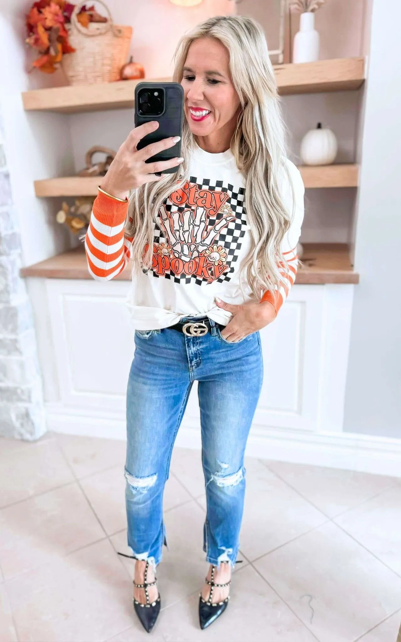 Orange Cream Striped V-Neck Sweater - DEAL