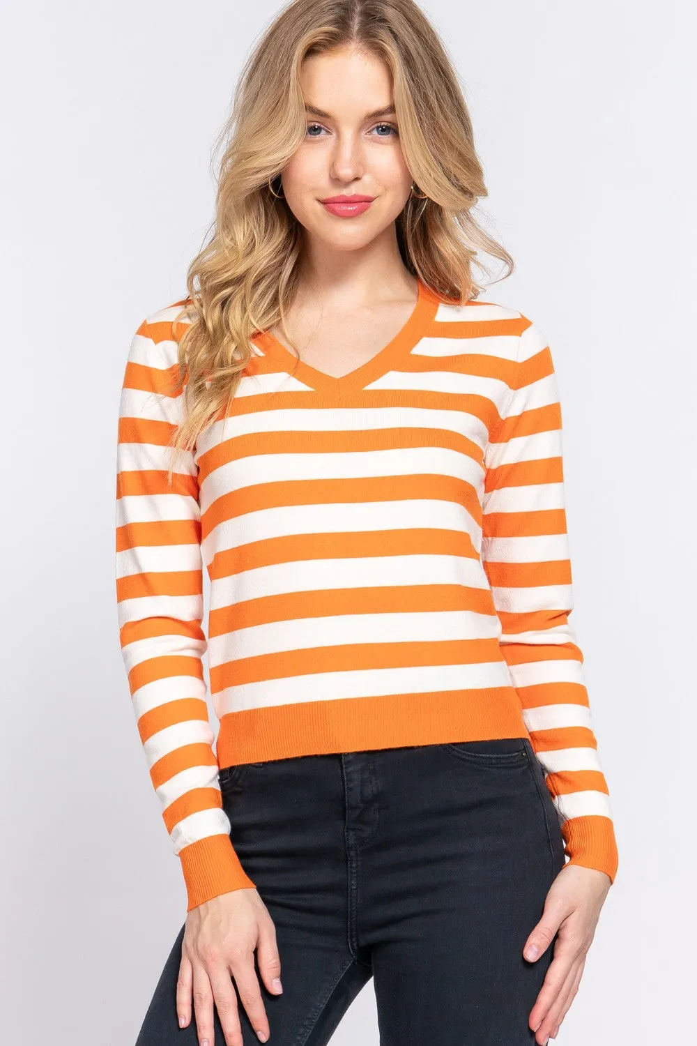 Orange Cream Striped V-Neck Sweater - DEAL