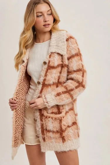 Peach Plaid Button Down Sherpa Jacket