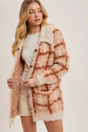 Peach Plaid Button Down Sherpa Jacket