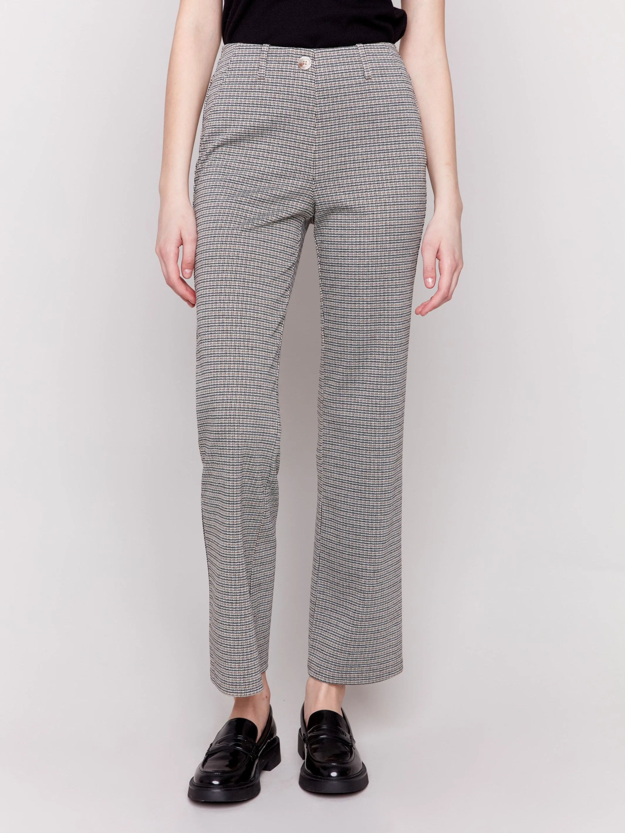 Plaid Ponte Pull-On Flare Pants - Truffle