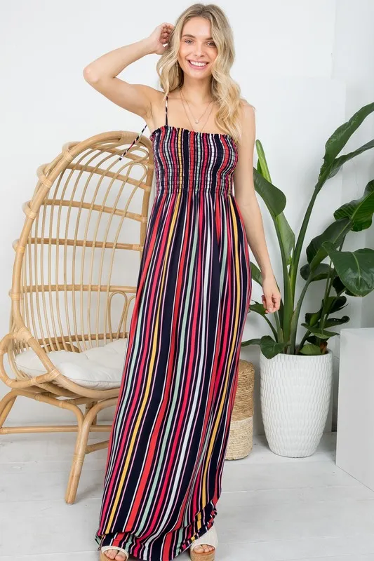 PLUS STRIPE SMOCKED MAXI DRESS