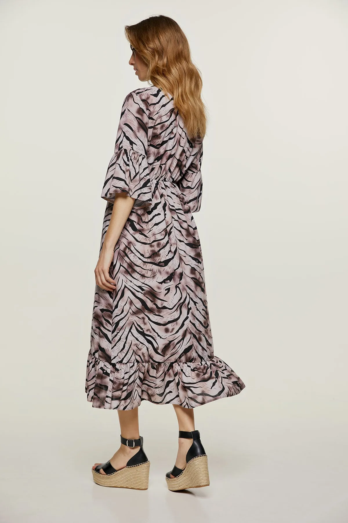 Print Ruffle Detail Midi Dress